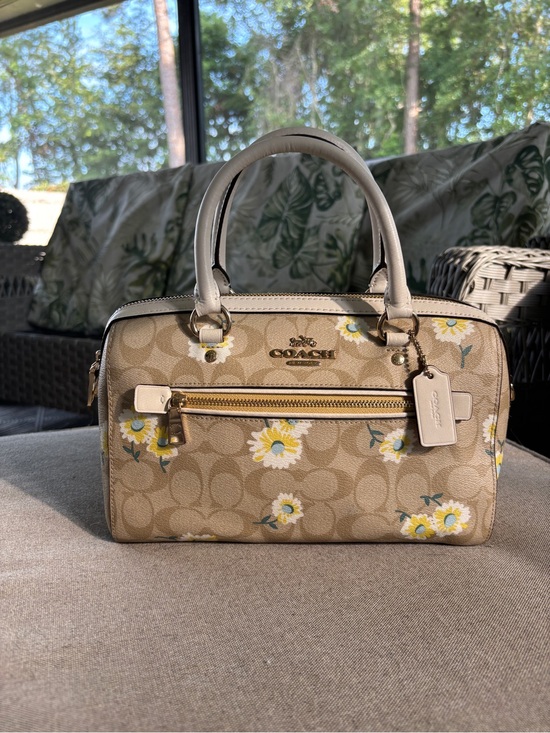 Coach Handbags - Coach Beige Floral Signature Satchel with Cream Handles